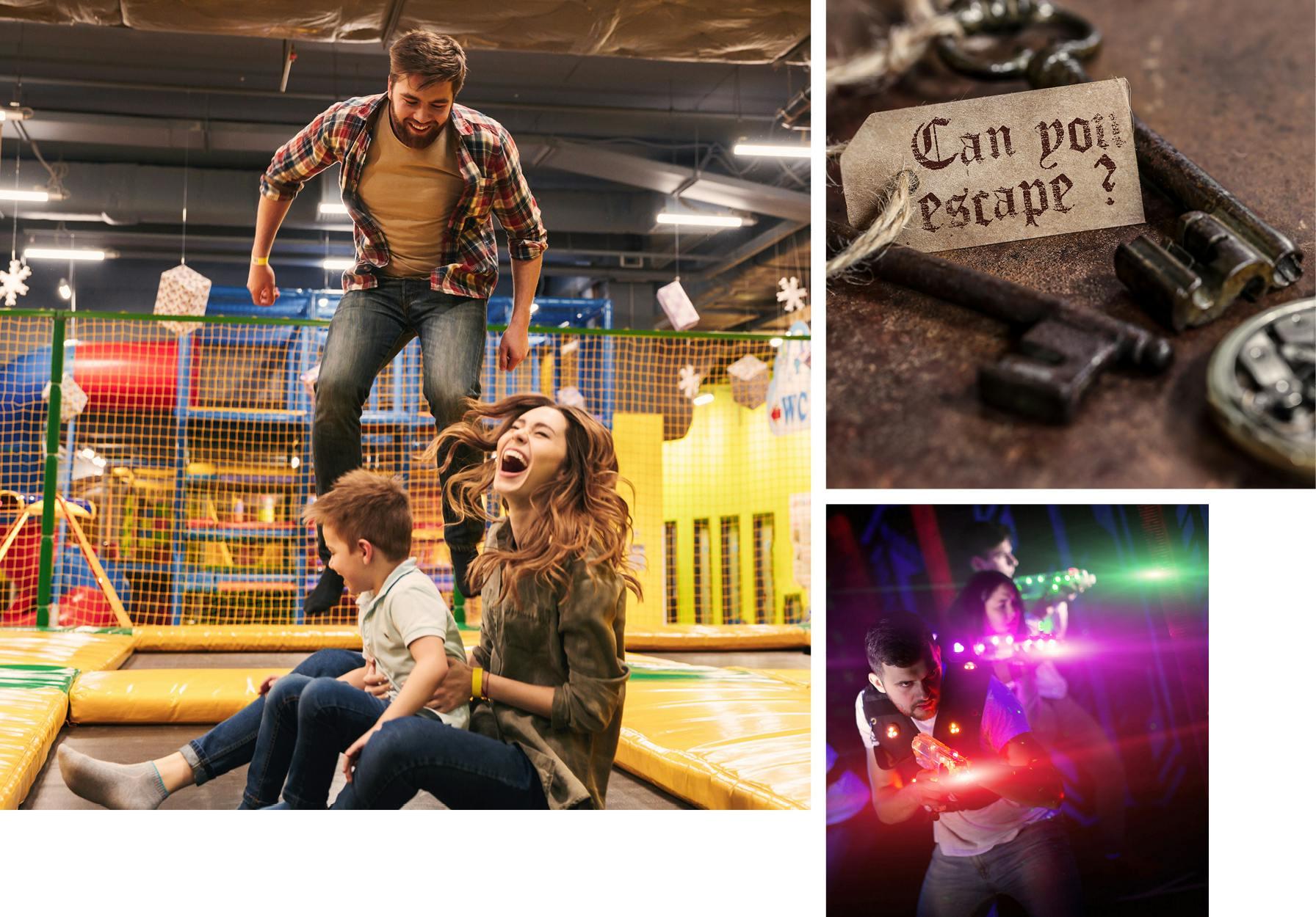 Collage mit Bildern aus dem Trampolinpark, Laser Tag und Escape Room